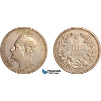 AL781, Bulgaria, Ferdinand I, 5 Leva 1892 KB, Kremnitz Mint, Silver, Lightly cleaned, XF