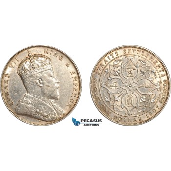 AL789, Straits Settlements, Edward VII, 1 Dollar 1907 H, Heaton Mint, Silver, Lightly cleaned, AU