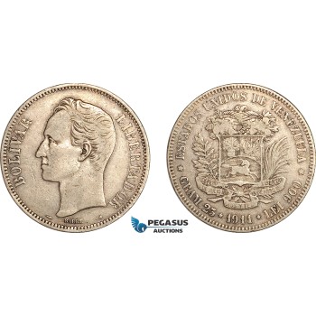 AL792, Venezuela, 1 Bolivar 1911, Paris Mint, Silver, VF