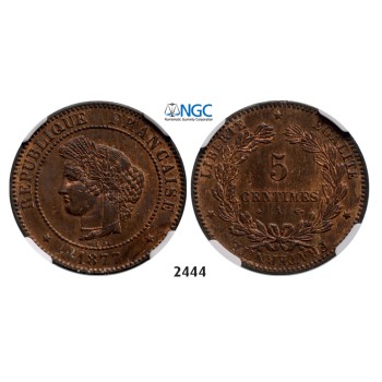 05.05.2013, Auction 2/2444. France, Third Republic, 1871-­1940, 5 Centimes 1877­-A, Paris, Bronze, NGC MS65RB