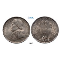 05.05.2013, Auction 2/2567. Italy, Papal States, Pius IX, 1846­-1878, 5 Lire 1870­-R (XXIV) Rome, Silver , NGC MS63