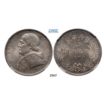 05.05.2013, Auction 2/2567. Italy, Papal States, Pius IX, 1846­-1878, 5 Lire 1870­-R (XXIV) Rome, Silver , NGC MS63