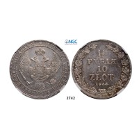 05.05.2013, Auction 2/2742. Poland, Congress­ Kingdom of Poland, Nicholas I, Czar of Russia, as King, 1825-­1855, 1 ­1/2 Rouble (Rubel)/ 10 Zlotych 1835-­HГ, St. Petersburg, Silver, NGC AU53