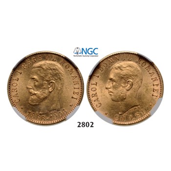 05.05.2013, Auction 2/2802. Romania, Carol I, 1866­-1914, 20 Lei, No Date (1906) Brussels, GOLD, NGC MS63