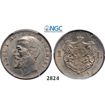 05.05.2013, Auction 2/2824. Romania, Carol I, 1866­-1914, Leu 1901, Hamburg, Silver, NGC MS62