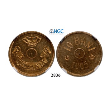 05.05.2013, Auction 2/2836. Romania, Carol I, 1866­-1914, Pattern 10 Bani 1905, Brussels, Brass, NGC MS63