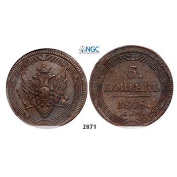 05.05.2013, Auction 2/ 2871. Russia, Alexander I, 1801-­1825, 5 Kopeks 1808-­EM, Ekaterinburg, Copper, NGC AU58BN