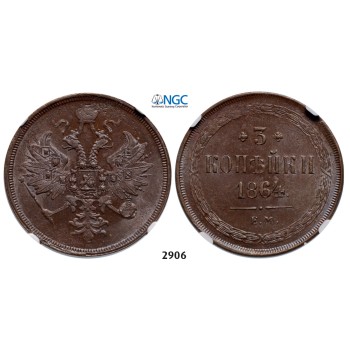 05.05.2013, Auction 2/2906. Russia, Alexander II, 1854-­1881, 3 Kopeks 1864­-EM, Ekaterinburg, Copper, NGC MS62BN
