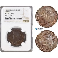 A6/181, Monaco, Honore V, 5 Centimes 1837 M, Copper, Small Head, KM# 95.1, Very flashy! NGC MS62BN