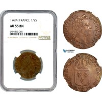 A7/189, France, Louis XV, 1/2 Sol 1769 )( Besançon Mint, KM# 544.12, NGC AU55BN, Pop 1/1