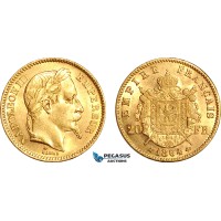 A7/211, France, Napoleon III, 20 Francs 1864 A, Paris Mint, Gold (6.45g, 0.1867 oz AGW) UNC