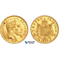 A7/219, France, Napoleon III, 20 Francs 1868 BB, Strasbourg Mint, Gold (6.45g, 0.1867 oz AGW) EF+