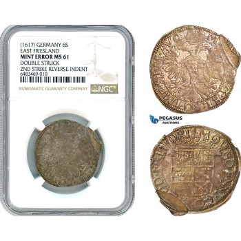 A7/238, Germany, East Friesland, Enno III, 6 Stuiver ND (1617) Zainhaken Mint, Silver, Kappelh. 348, Double struck, Old cabinet toning! NGC MS61, Mint Error