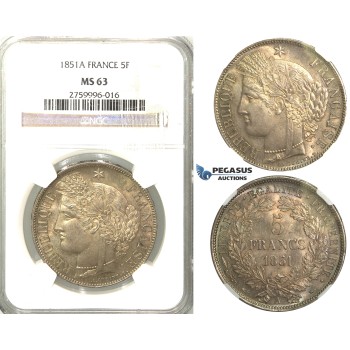 2404. France, Second Republic, 1848­-1852 , 5 Francs 1851-­A, Paris, Silver, NGC MS63