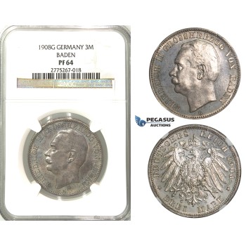 2462. Germany, Empire, local coinage, Baden, 3 Mark 1908­-G, Stuttgart, Silver, NGC PF64
