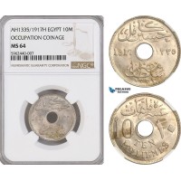 A5/259 Egypt, Occupation Coinage, 10 Milliemes AH1335 / 1917 H, Heaton Mint, KM# 316, NGC MS64