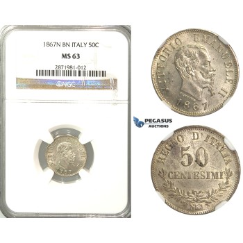 2600. Italy, Kingdom, Vittorio Emanuele II, 1861-­1878, 50 Centesimi 1867-­N­/BN, Naples, Silver, NGC MS63