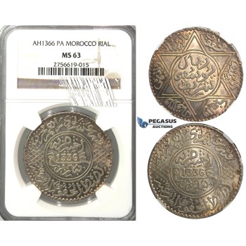 2656. Morocco, Yusuf, AH1330-­1346 (1912­-1927), Rial (10 Dirhams) AH1336­-Pa (1918) Paris, Silver, NGC MS63