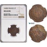 A5/292 France, Louis XIII, Double Tournois 1640 D, Lyon Mint, Dy# 1372, NGC MS64BN, Top Pop! (Single highest graded!)