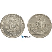 A6/306, Romania, Peoples Republic, Pattern 20 Lei 1951, Bucharest Mint, Tin (7.67g) Reeded edge, Medal rotation, Schäffer/Stambuliu 209-Var., (Unpublished metal) UNC, Very Rare!