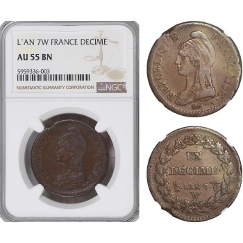 A5/317 France, First Republic, Decime LAn 7 W, Lille Mint, KM# 644, NGC AU55BN