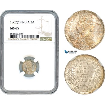 A7/326, India (British) Victoria, 2 Annas 1862 C, Calcutta Mint, Silver, KM# 469, Light amber toning! NGC MS65