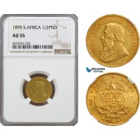 A6/464, South Africa (ZAR) 1/2 Pond 1895, Pretoria Mint, Gold, KM# 9.2, NGC AU55