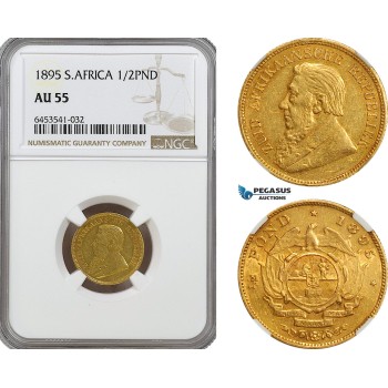A6/464, South Africa (ZAR) 1/2 Pond 1895, Pretoria Mint, Gold, KM# 9.2, NGC AU55
