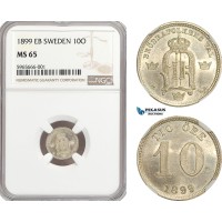A6/484, Sweden, Oscar II, 10 Öre 1899 EB, Stockholm Mint, Silver, KM# 755, NGC MS65