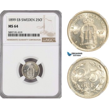 A6/490, Sweden, Oscar II, 25 Öre 1899 EB, Stockholm Mint, Silver, KM# 739, NGC MS64