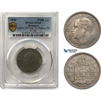 A7/533, Romania, Carol II, Pattern 100 Lei 1936, Bucharest Mint, Tin (6.13g) Plain edge, Coin rotation, Schäffer/Stambuliu 157 Var.(Unpublished metal) PCGS SP64, Top Pop! Rare!