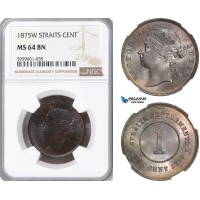 A5/985 Straits Settlements, Victoria, 1 Cent 1875 W, Calcutta Mint, KM# 9, NGC MS64BN, Conditionally Rare!