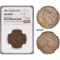 A5/991 Straits Settlements, Victoria, 1 Cent 1891, London Mint, KM# 16, NGC AU58BN