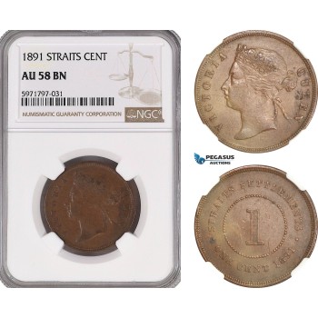 A5/991 Straits Settlements, Victoria, 1 Cent 1891, London Mint, KM# 16, NGC AU58BN