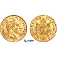 A7/216, France, Napoleon III, 20 Francs 1867 BB (Small), Strasbourg Mint, Gold (6.45g, 0.1867 oz AGW) EF+