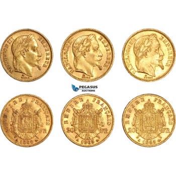 A7/220, France, Napoleon III, Group lot of 3x 20 Francs: 2x 1865 A & 1868 A, Gold (Total weight: 0.56 oz AGW)