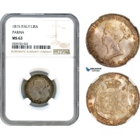 A7/344, Italy, Parma, Maria Luigia, 1 Lira 1815, Milan Mint, Silver, KM# 28, Beautiful multicolour toning! NGC MS63