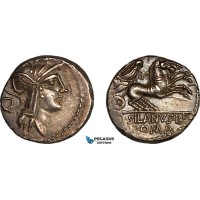 A8/005, Roman Republic, D. Silanus L.f. (91 BC) AR Denarius (3.91g), Rome Mint., Obv.: Helmeted head of Roma right; C to left.  Rev.: Victory driving galloping biga right. Crawford 337/3., Deep cabinet toning, some weakness on the reverse. EF	