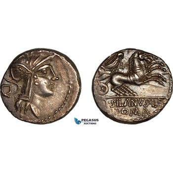 A8/005, Roman Republic, D. Silanus L.f. (91 BC) AR Denarius (3.91g), Rome Mint., Obv.: Helmeted head of Roma right; C to left.  Rev.: Victory driving galloping biga right. Crawford 337/3., Deep cabinet toning, some weakness on the reverse. EF