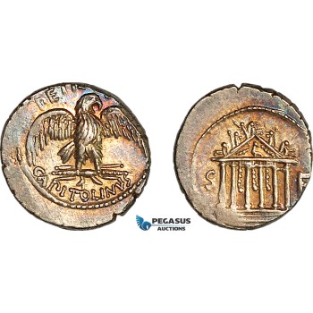 A8/012, Roman Republic, Petilius Capitolinus (43 BC) AR Denarius (3.84g) Rome Mint, Obv.: Eagle on thunderbolt Rev:. Jupiter Capitoline temple; between central columns, hanging decoration; in field, S - F. Crawford 487/2b