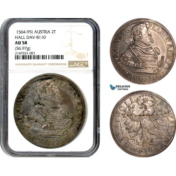 A8/024, Austria, Archduke Ferdinand, 2 Taler ND (1601-04) Hall Mint, Silver, Dav-8110 (8111 is the correct c.f), M/T# 313, Die 1/2, Exceptional piece, Lovely lustrous example, NGC AU58, Top Pop and single finest graded!