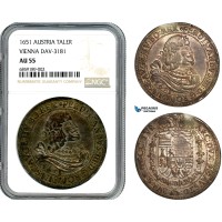 A8/027, Austria, Ferdinand III, Taler 1651, Vienna Mint, Silver, Dav-3181, Metallic-grey surfaces, NGC AU55	