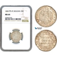 A8/062, Bolivia, 20 Centavos 1881 PTS FE, Potosi Mint, Silver, KM-159.1, NGC MS64