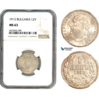 A8/076, Bulgaria, Ferdinand I, Lev 1913, Vienna Mint, Silver, KM-32, Lovely lustrous example, NGC MS63