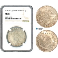A8/131, Egypt, Ottoman Empire, Mehmed V, 10 Qirsh, AH1327//6 H, Heaton Mint, Silver, KM-309, Lovely lustrous example champagne toning, NGC MS63