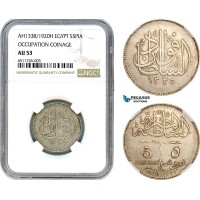A8/133, Egypt, British Occupation, Fuad I, 5 Piastres, AH1338/1920 H, Heaton Mint, One year type, Silver, KM-326, NGC AU53	