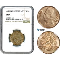 A8/134, Egypt, Fuad I, 5 Piastres, AH1348/1929 BP, Budapest Mint, Silver, KM-349, Lovely lustrous example champagne toning, NGC MS61