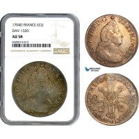 A8/142, France, Louis XIV, Ecu 1704 D, Lyon Mint, Silver, Dav-1320, Gad.224, Dark toning, NGC AU58, Rare!	