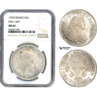 A8/145, France, Louis XV, Ecu 1725 I, Limoges Mint, Silver, Gad. 320, Blast white, NGC MS62, Top Pop! Single finest graded! 