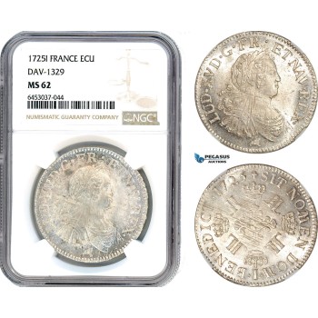 A8/145, France, Louis XV, Ecu 1725 I, Limoges Mint, Silver, Gad. 320, Blast white, NGC MS62, Top Pop! Single finest graded!
